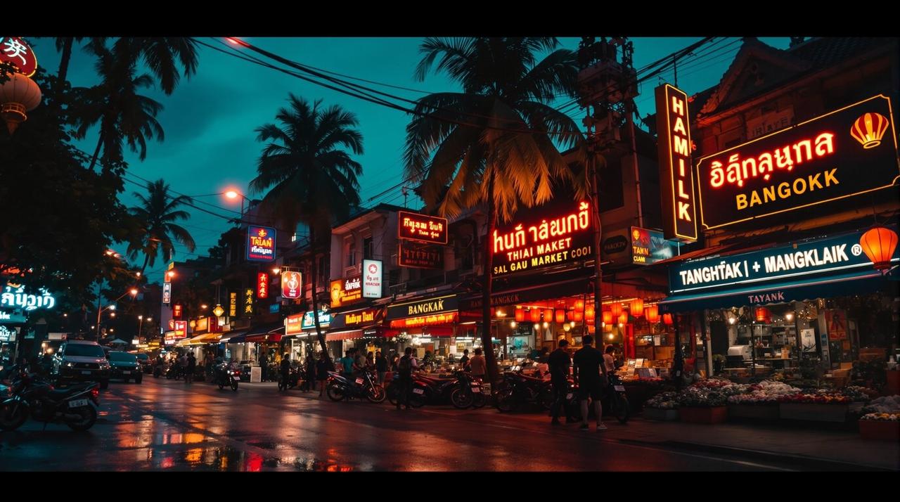 东南亚夜市街景：霓虹灯下的曼谷街头